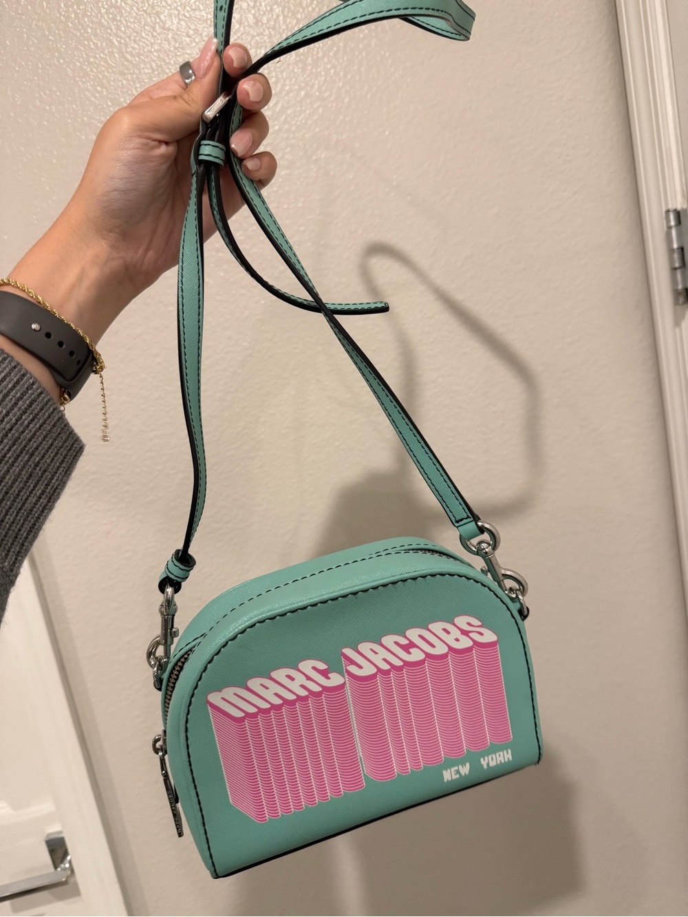 Marc Jacobs Mint Green Crossbody with Pink Logo Graphic